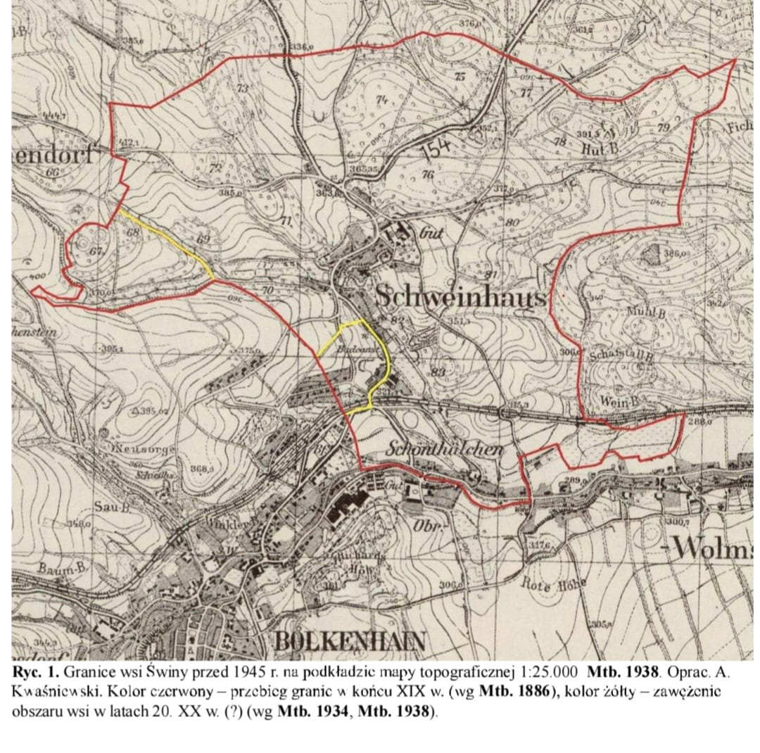 Mapa analiz krajobrazowych — granice wsi Świny przed 1945 r.