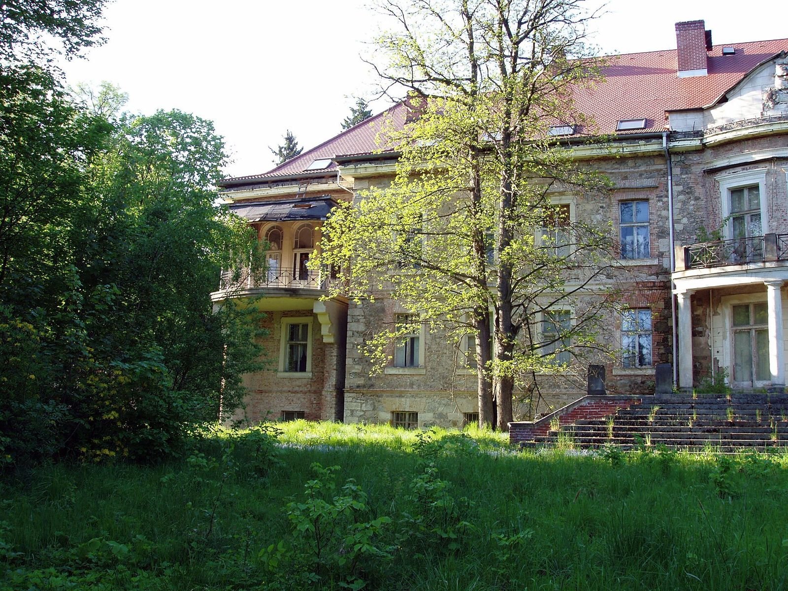 Pałac w Maciejowcu widziany ukośnie zza drzew, z ryzalitem i schodami od strony ogrodu.
