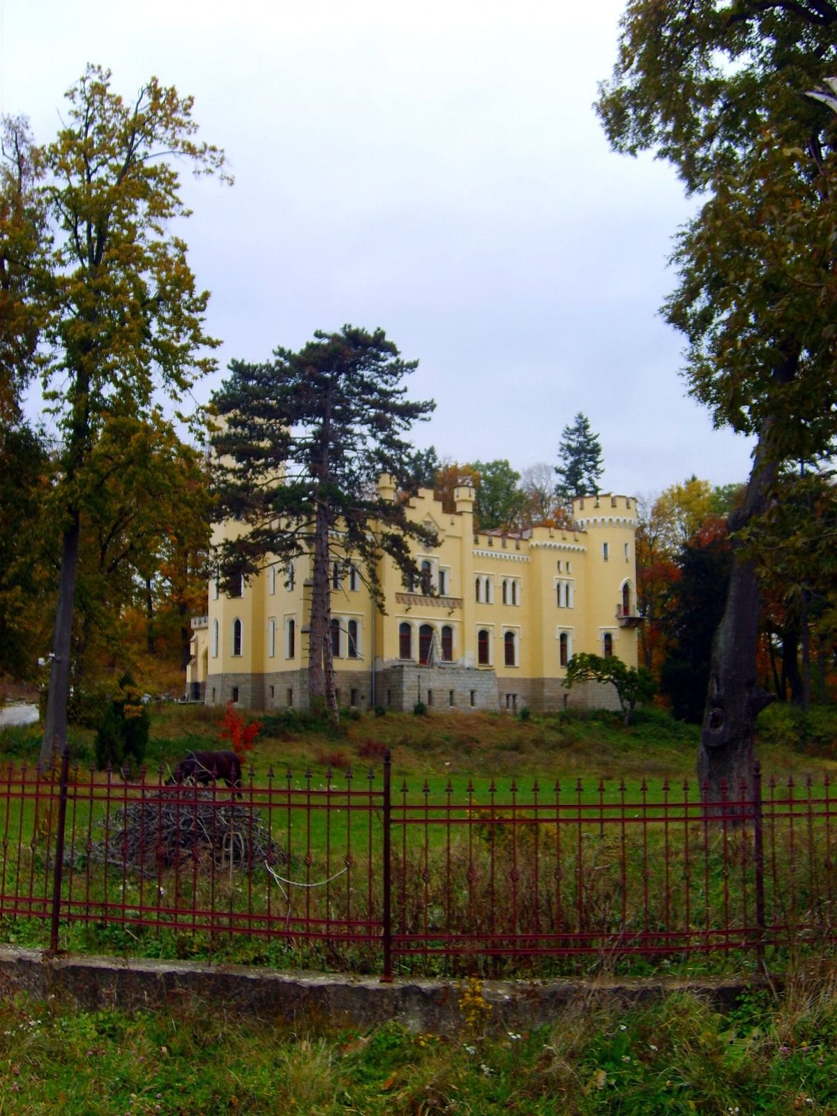 Pałac widziany przez metalowe ogrodzenie i jesienne drzewa, z dystansu.