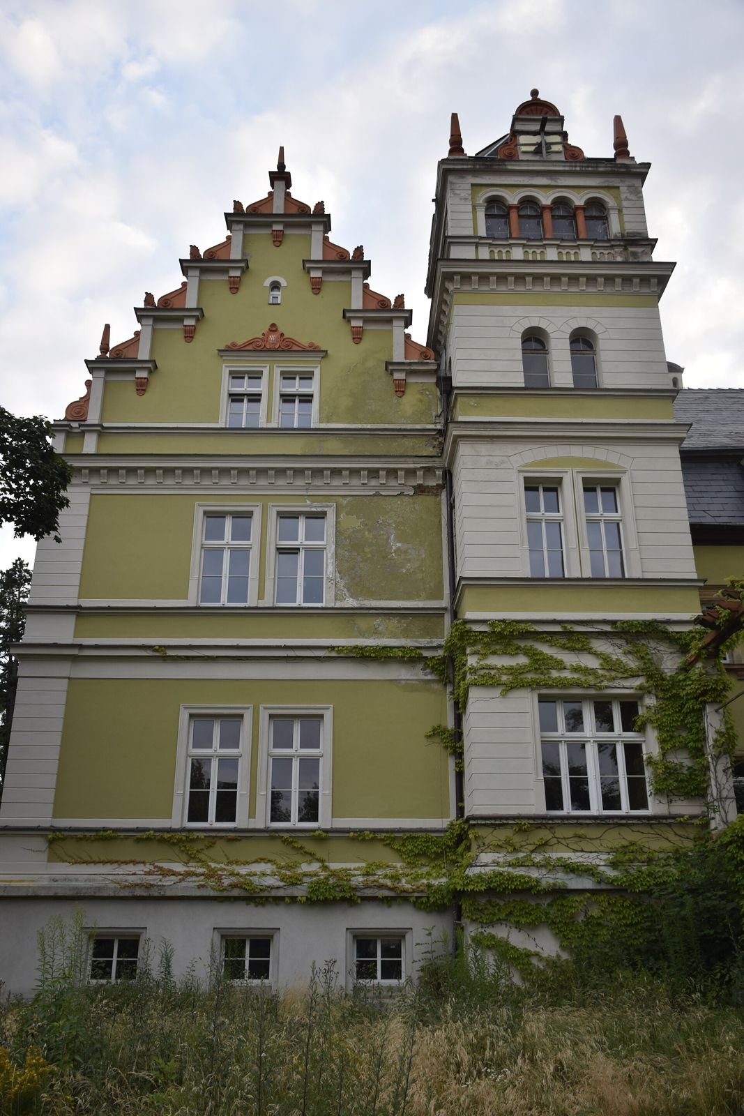 Boczna elewacja pałacu w Kłonicach: schodkowy szczyt z czerwonymi ozdobami i czworoboczna wieża, na ścianach bluszcz.