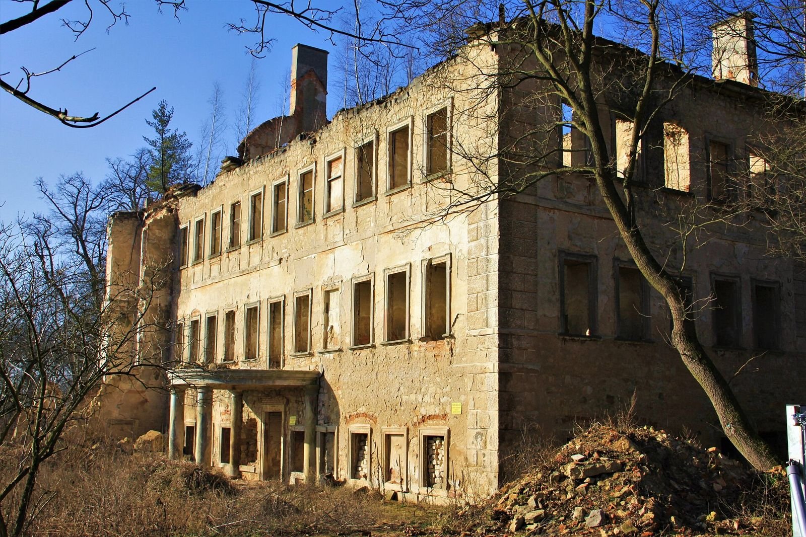 Ruina pałacu widziana z bliska od frontu, z pustymi oknami i kolumnowym wejściem w parterze.