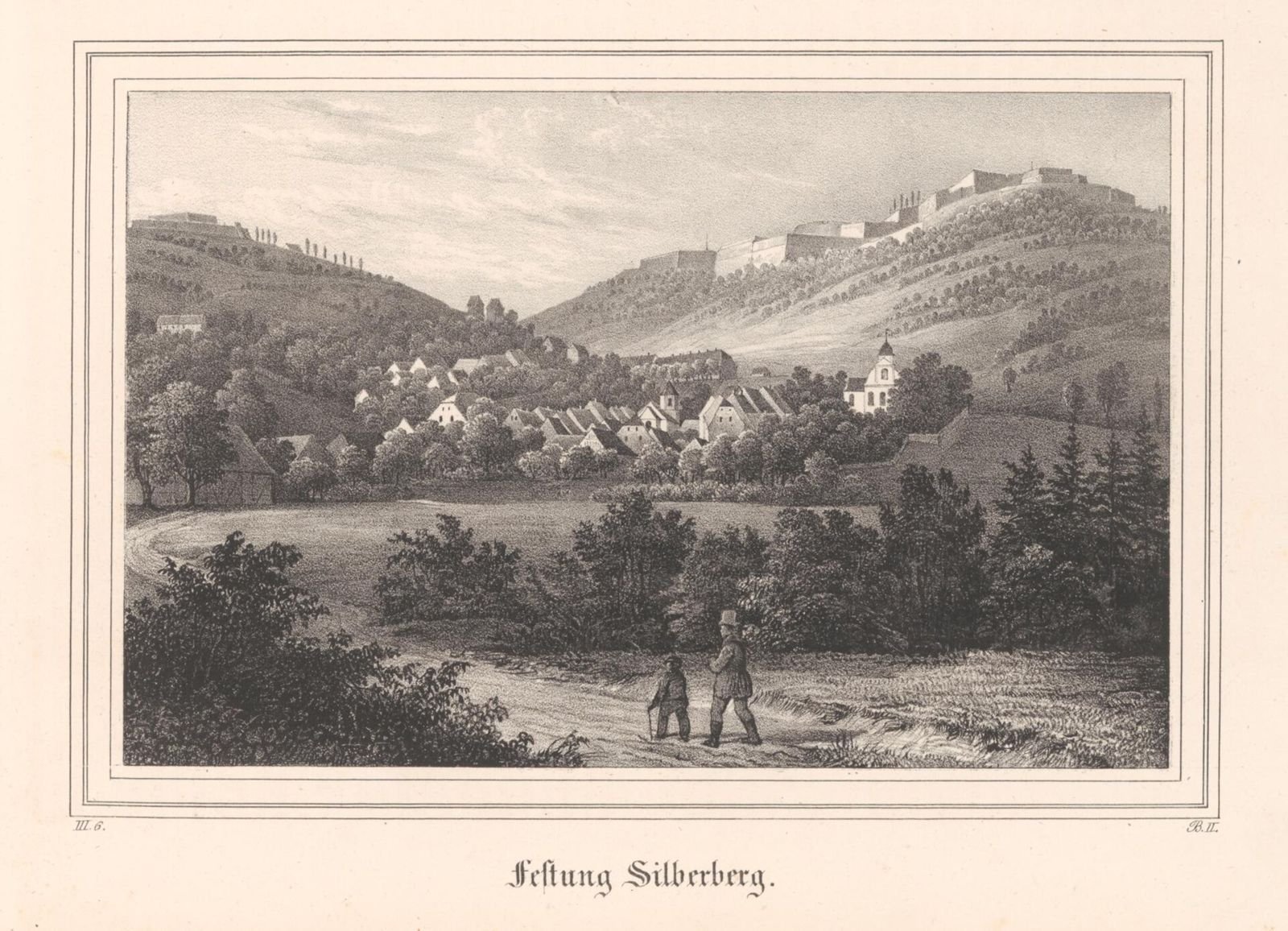 Litografia Heinricha Wilhelma Teichgräbera „Festung Silberberg”: miasteczko w dolinie i twierdza na wzgórzu nad nim.