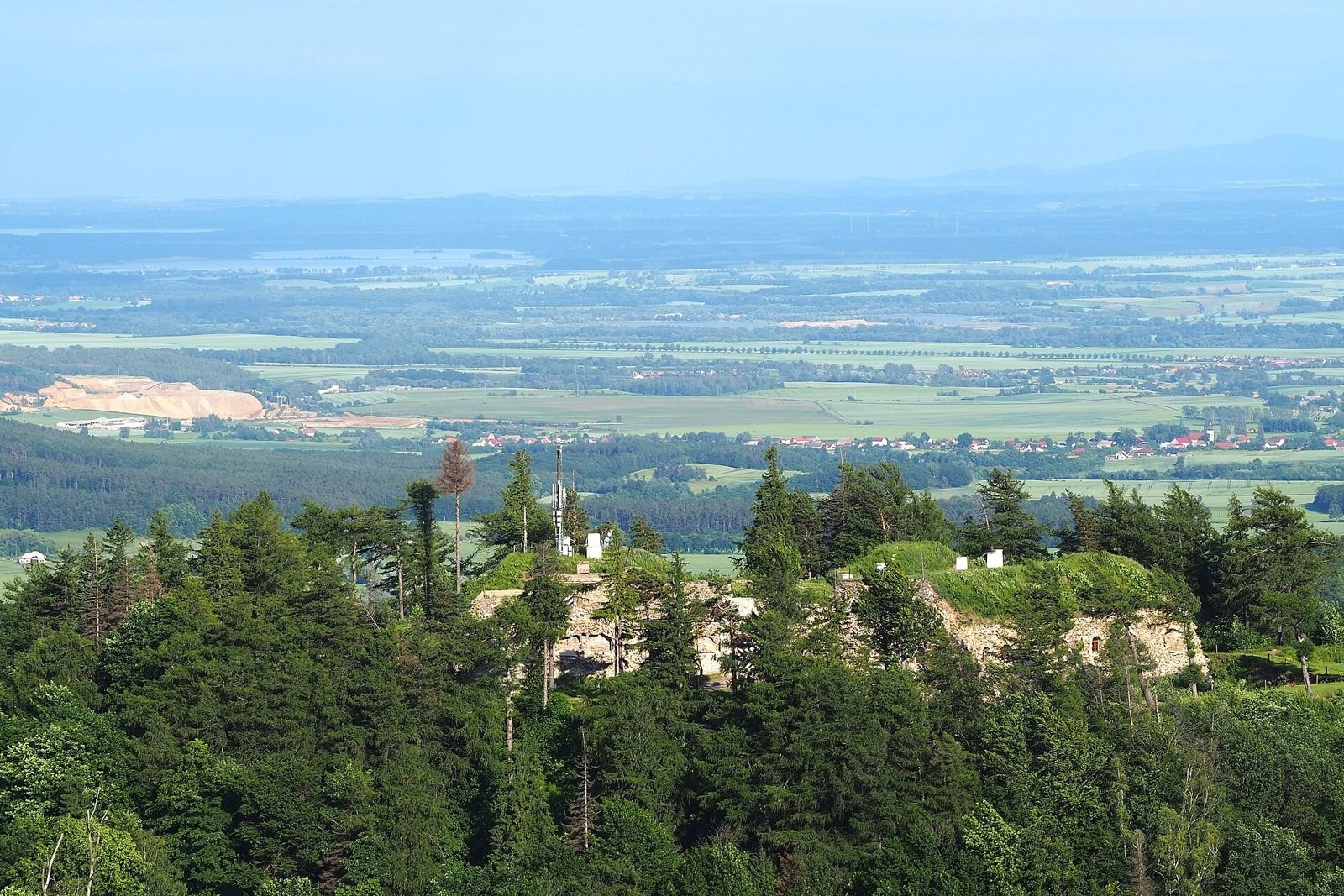 Widok z korony Donżonu na fort Ostróg wśród lasu i na równinę w tle.