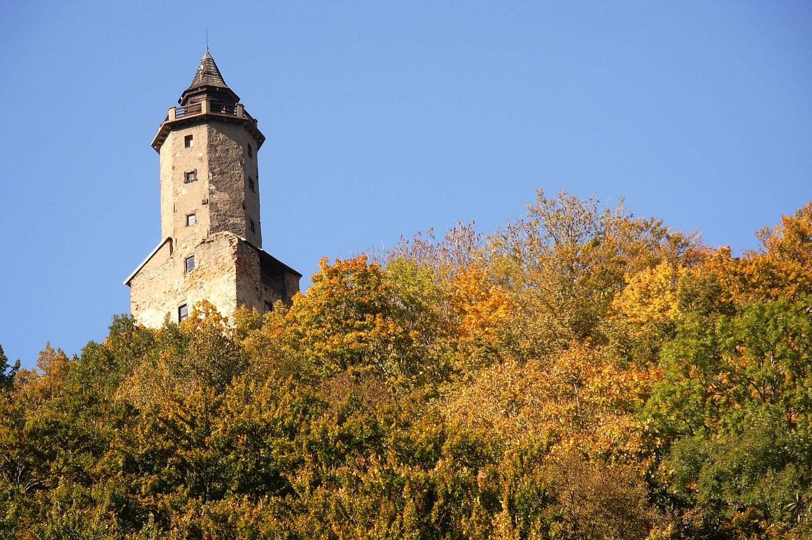 Wieża zamku Grodno wystająca ponad jesienny las na zboczu góry, widziana z dołu.