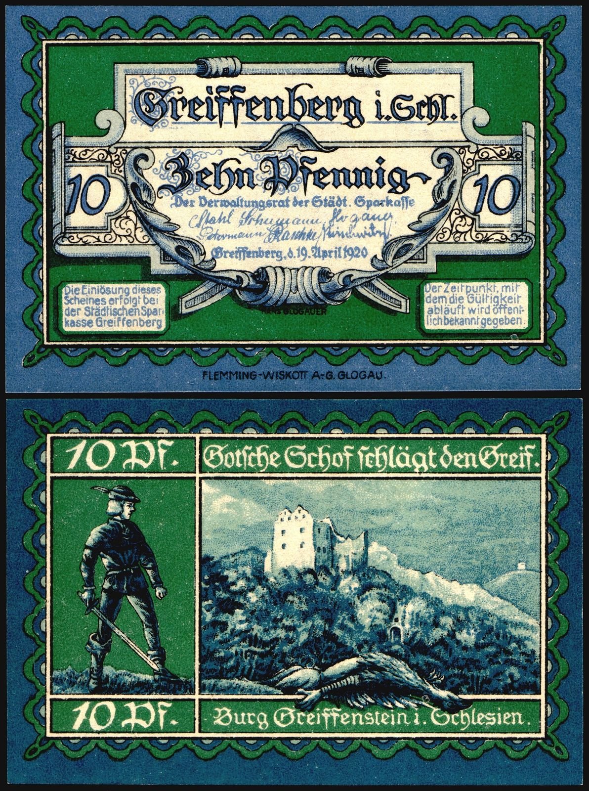 Banknot zastępczy 10 fenigów z Gryfowa Śląskiego (Greiffenberg) z rysunkiem zamku na wzgórzu.