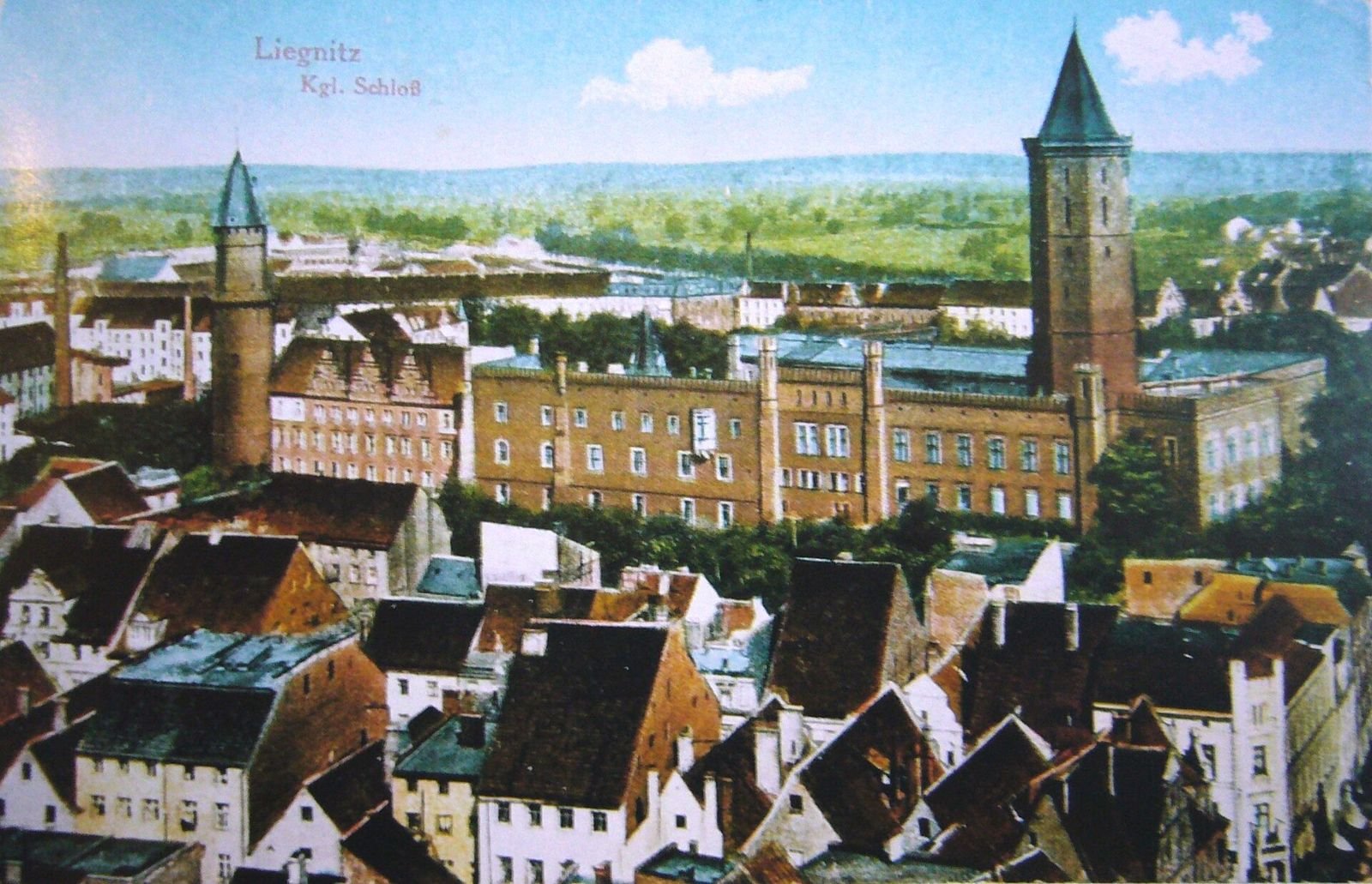 Kolorowa dawna pocztówka z panoramą miasta i zamkiem z wieżą w tle.