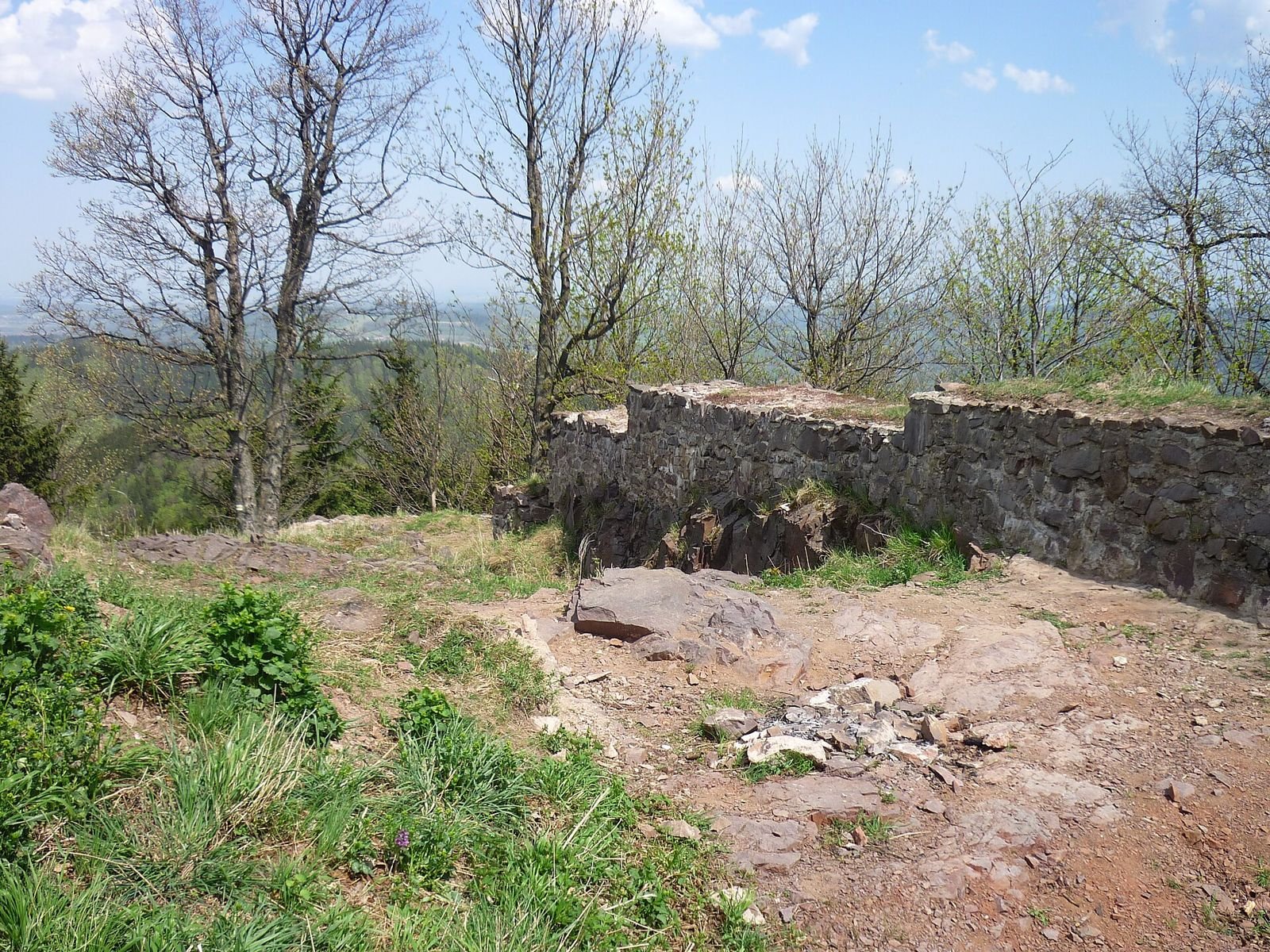 Fragment muru ruin zamku Rogowiec nad wyrównanym placem na szczycie.