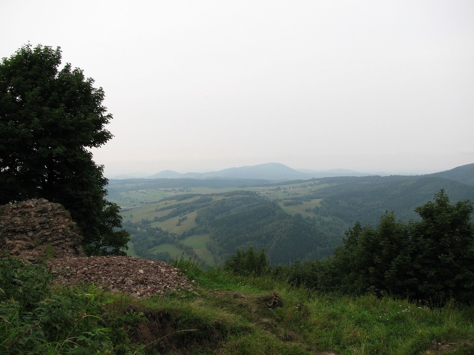 Widok ze wzgórza zamkowego na zalesioną dolinę i dalekie wzgórza.