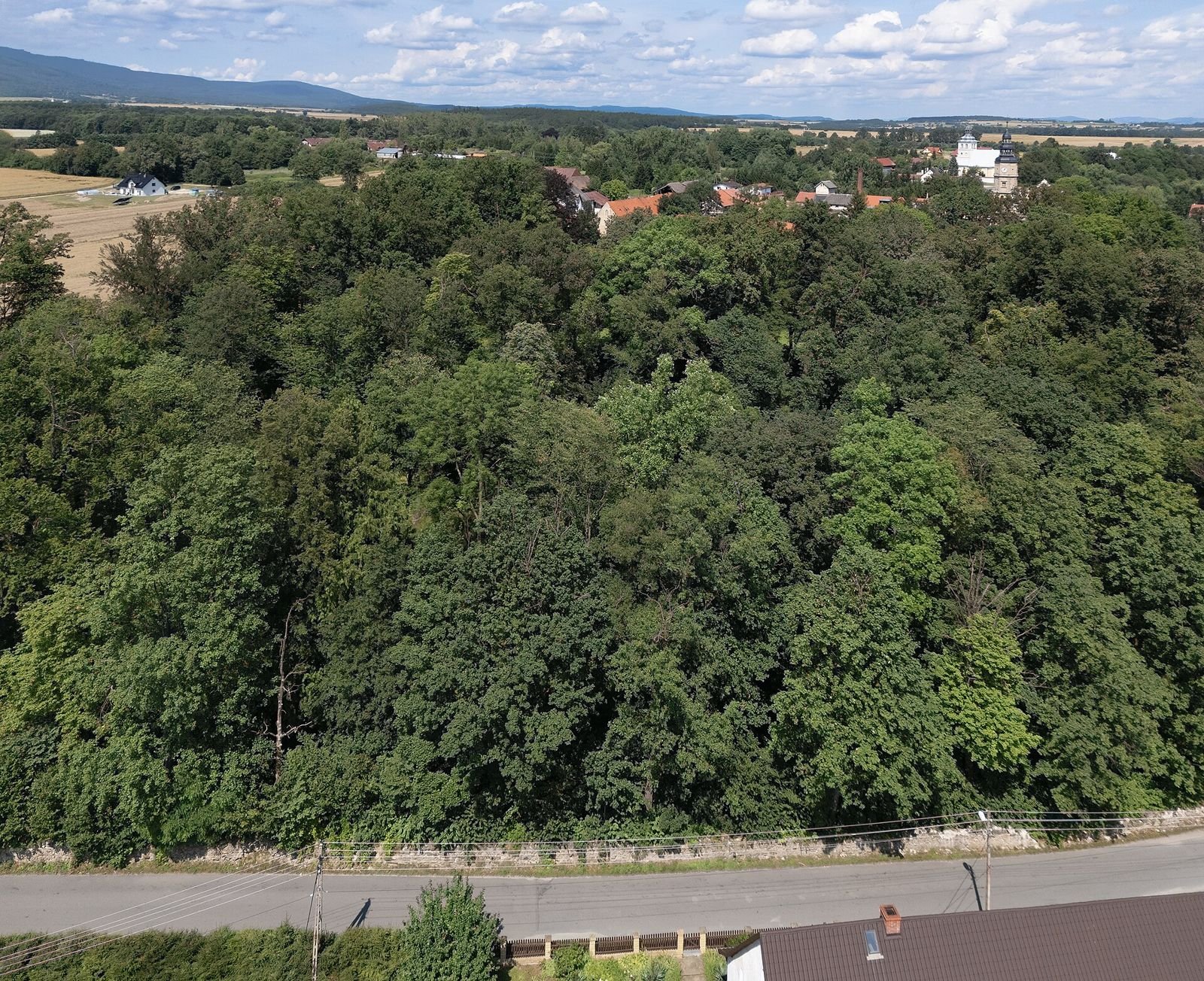 Widok z góry na zalesiony park przy zamku i drogę, w tle pola i wzgórza.