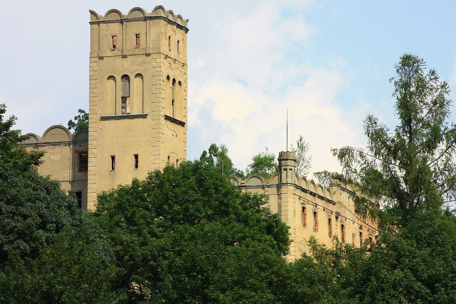Wysoka jasna wieża zamku z krenelażem nad koronami drzew, obok fragment krenelowanego muru.