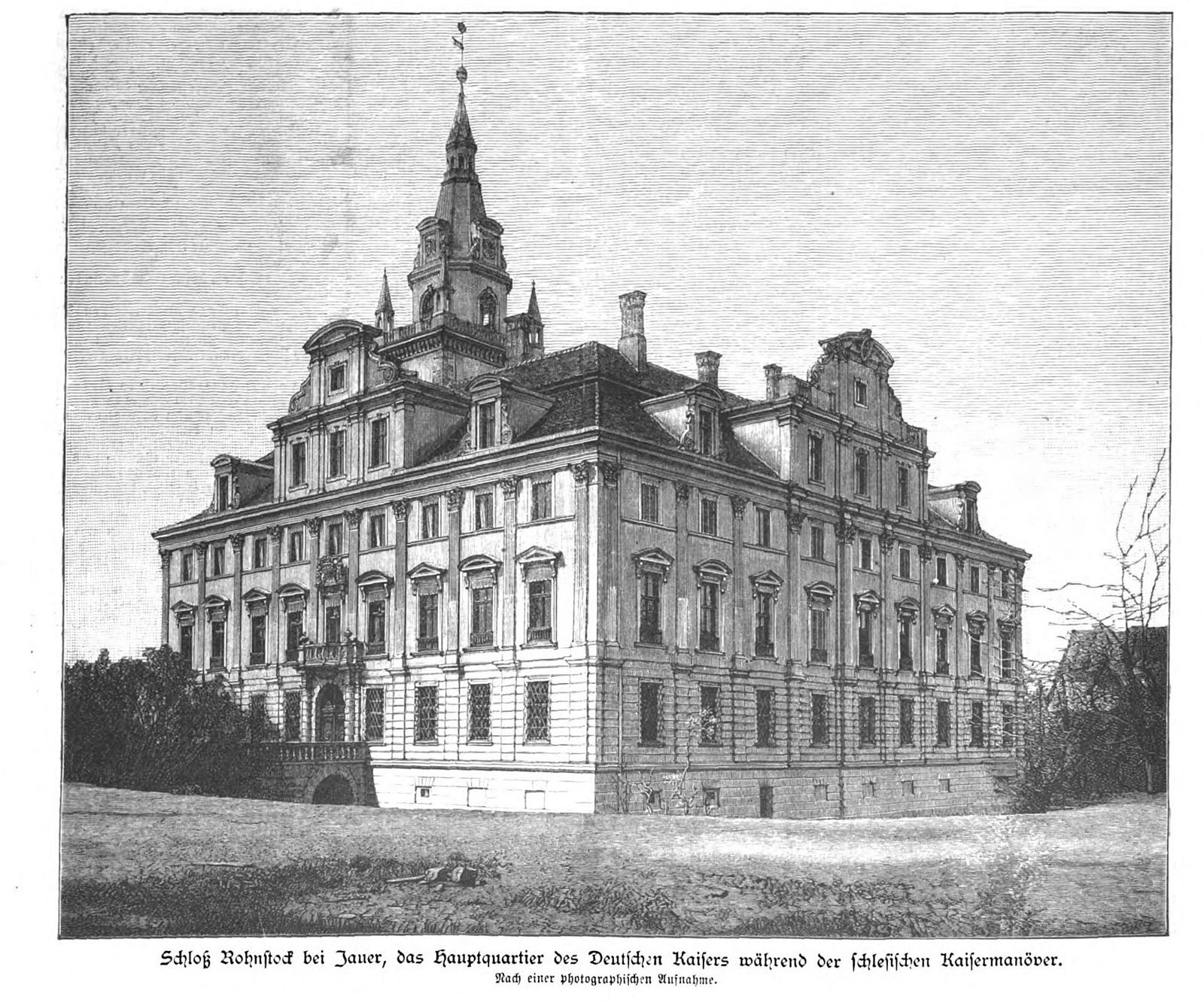 Czarno-biała rycina z 1890 roku przedstawiająca pałac z wieżą (Schloss Rohnstock bei Jauer).